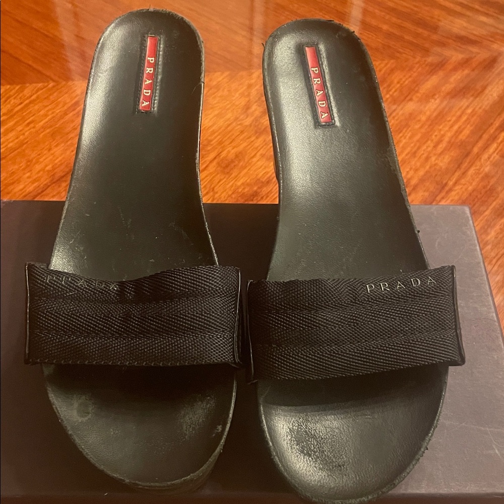 Prada Women's Elegant Black Wedge Slides - Picture 2 of 6